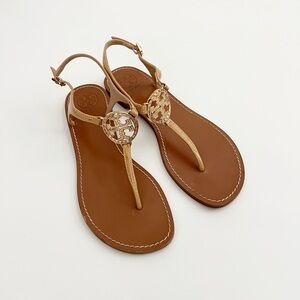 Tory Burch Crystal Embellished Tan Flat T-Strap Sandals 9.5